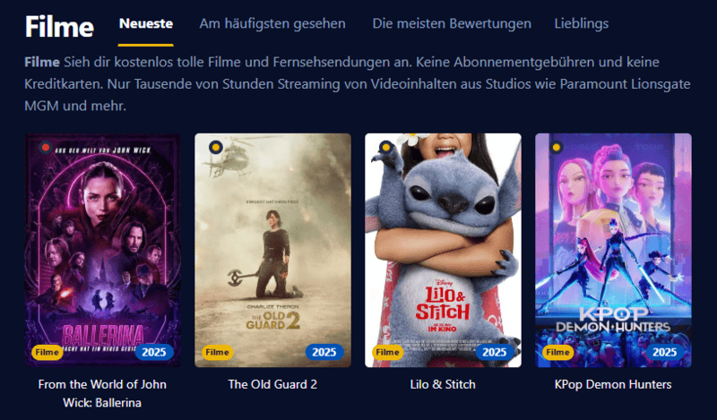 Bildschirmfoto der Filmpalast Webseite mit Filmen und Serien Folgen